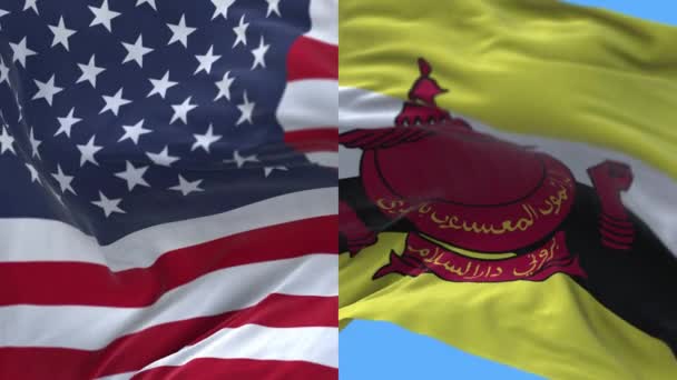 4k Stati Uniti d'America USA e Brunei Bandiera nazionale sullo sfondo del vento . — Video Stock