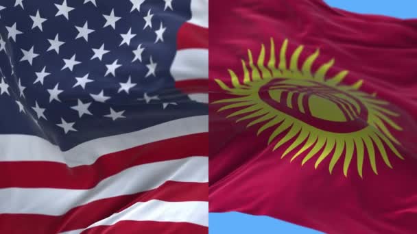 4k Amerika Birleşik Devletleri Usa ve Kırgızistan Ulusal bayrağı rüzgarın arka planında — Stok video