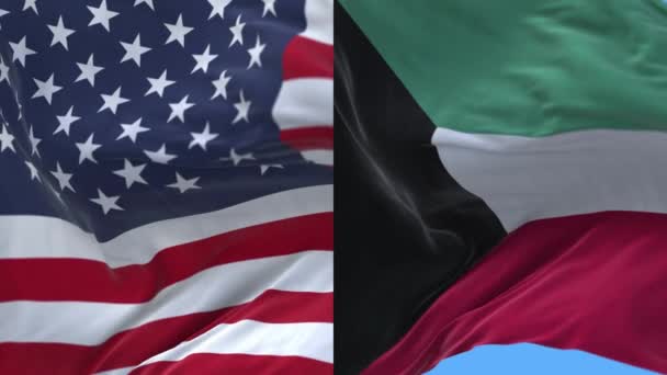 4k Amerikas förenta stater Usa och Kuwait National flagga i vind bakgrund. — Stockvideo