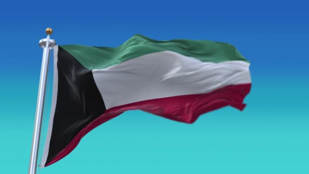 4k Kuwait Bandiera nazionale rughe lente senza soluzione di continuità sventolando vento in cielo sfondo . — Video Stock