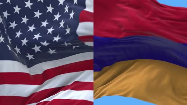 4k Estados Unidos da América EUA e Armênia Bandeira nacional vento fundo . — Vídeo de Stock