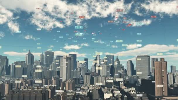 4k, Données numériques, nuage timelapse survolent les bâtiments urbains et les gratte-ciel .