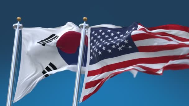 4k Estados Unidos de América y Corea del Sur Banderas de fondo, USA KOR . — Vídeos de Stock