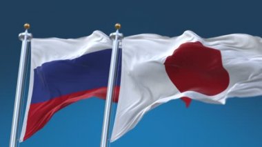 Mavi gökyüzü arka plan ile 4k Dikişsiz Rusya ve Japonya Bayrakları, Rus Jp.