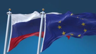4k Dikişsiz Rusya ve Mavi gökyüzü arka plan ile Avrupa Birliği Bayrakları, Rus Eu.