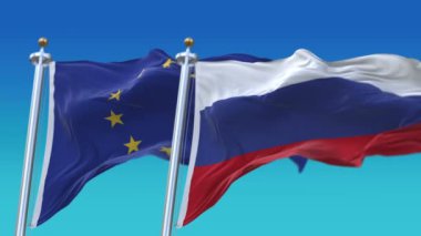 4k Dikişsiz Rusya ve Mavi gökyüzü arka plan ile Avrupa Birliği Bayrakları, Rus Eu.