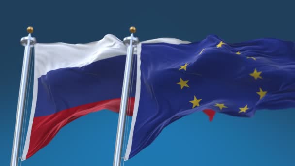 4k Dikişsiz Rusya ve Mavi gökyüzü arka plan ile Avrupa Birliği Bayrakları, Rus Eu. — Stok video