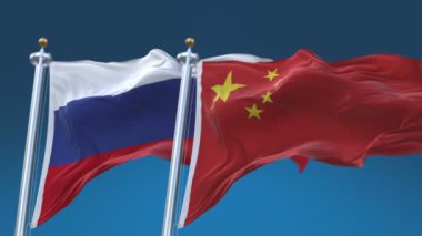 Mavi gökyüzü arka plan ile 4k Dikişsiz Rusya ve Çin Bayrakları, Rus Cn.