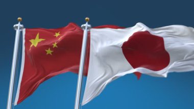 Mavi gökyüzü arka plan ile 4k Dikişsiz Japonya ve Çin Bayrakları, Jp Cn.
