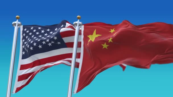 4k Estados Unidos de América y China Banderas fondo cielo azul, Estados Unidos CN — Vídeos de Stock