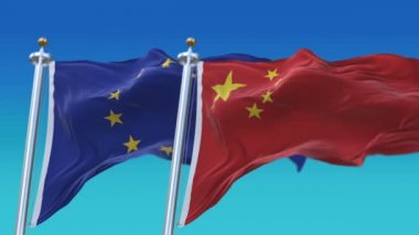 4k Dikişsiz Avrupa Birliği ve Çin Bayrakları mavi gökyüzü arka plan ile, Eu Cn.