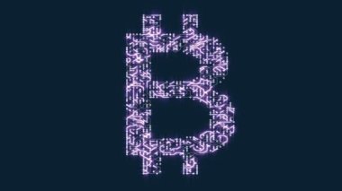 4k elektronlar hareketli futuristik bir devre kartı bitcoin para birimi SIG şeklinde.