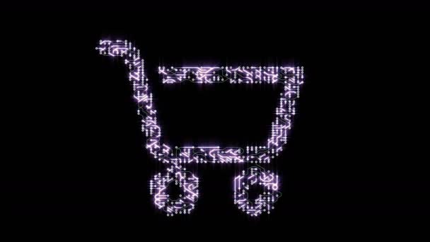 4 k koncepcji sprzedaży, elektrony płytki w kształcie symbol koszyka zakupów, E-commerce. — Wideo stockowe