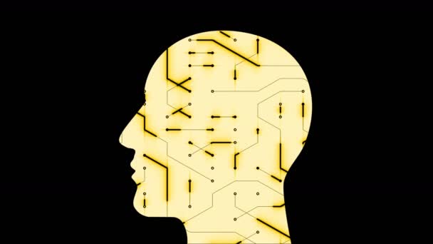 Linha digital do circuito da microplaqueta da cabeça do cérebro 4k, povos pensa inteligência artificial da IA — Vídeo de Stock