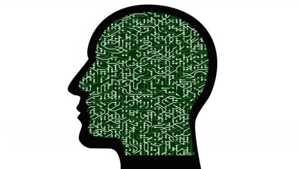 4k Εγκέφαλος επικεφαλής κύκλωμα τσιπ ψηφιακή γραμμή, οι άνθρωποι σκέφτονται AI τεχνητή νοημοσύνη — Αρχείο Βίντεο