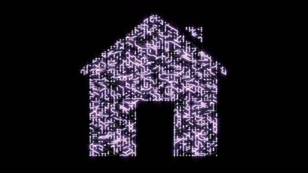 4k futuristiska kretskort med rörliga elektroner formade hus symbol. — Stockvideo