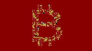4k elektronlar hareketli futuristik bir devre kartı bitcoin para birimi SIG şeklinde.