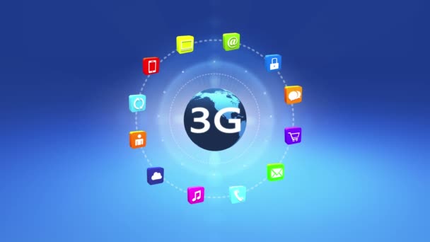 4k 3G σύμβολο, έννοια, online υπηρεσίες εικονίδια, μέσα κοινωνικής δικτύωσης γύρω από την περιστρεφόμενη γη. — Αρχείο Βίντεο