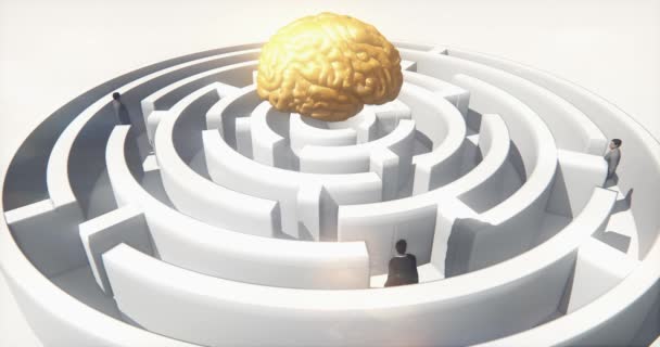 4k cerebro dorado por encima del laberinto, hombres de negocios de pie, inteligencia artificial . — Vídeo de stock