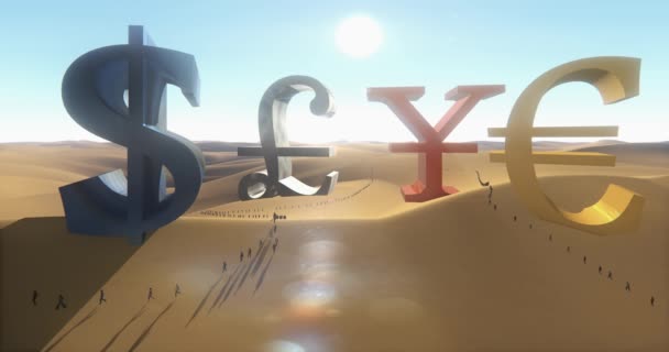 4k business man around the dollars,eur,gbp,rmb symbol on the desert. — 비디오