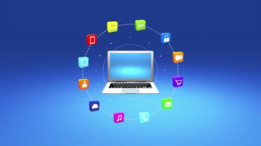 4 k, Internet kavramı, çevrimiçi hizmetler simgeler, sosyal medya etrafında dizüstü bilgisayar.