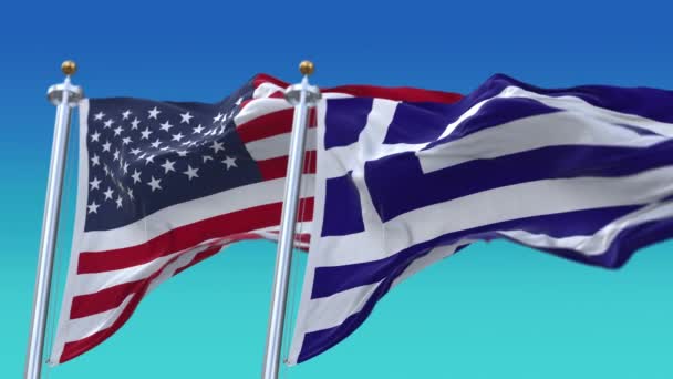 4k United States of America USA and Greece National flag blue sky background. — Stock Video