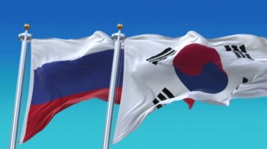 4k Seamless Republic of Korea & Russia Flags with sky background,KOR KR RUS RU.