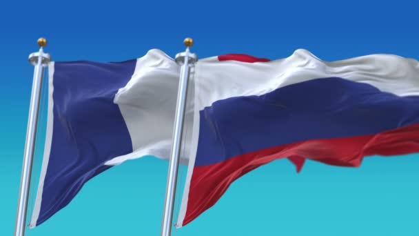 4k naadloze Frankrijk en Rusland vlaggen met blauwe hemel achtergrond, FRA fr Rus ru. — Stockvideo