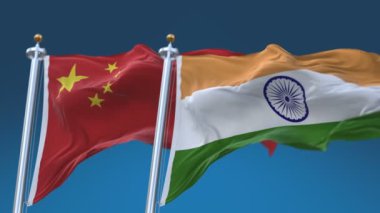 4k Dikişsiz Hindistan ve Çin Bayrakları mavi gökyüzü arka plan ile, Ind In Chn Cn.