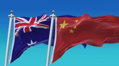 Mavi gökyüzü arka plan ile 4k Dikişsiz Avustralya ve Çin Bayrakları, Aus Au Chn Cn.