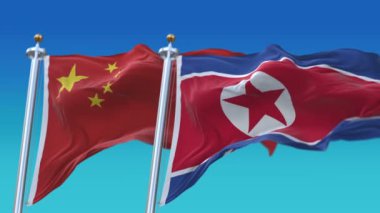 Mavi gökyüzü arka plan ile 4k Dikişsiz Kuzey Kore ve Çin Bayrakları, Dprk Chn Cn.