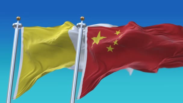 4k Seamless Vaticano e China Bandeiras com fundo azul céu, IVA CHN CN . — Vídeo de Stock