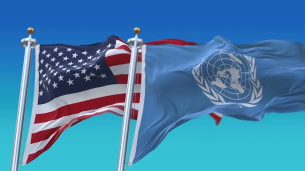 4k zökkenőmentes Egyesült Nemzetek, Amerikai Egyesült Államok zászlók kék ég, un USA US. — Stock videók