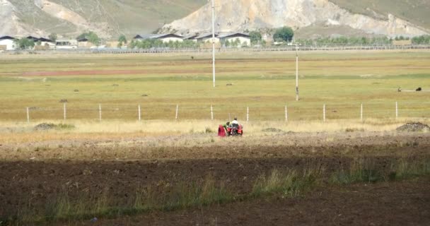 4k tibetische Menschen nutzen Ackerland mit Traktor in shangrila yunnan, China. — Stockvideo