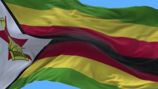 4kジンバブエ国旗のしわが風を振って空シームレスなループの背景. — ストック動画