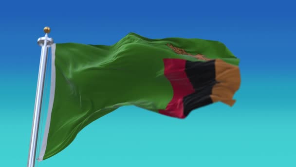 4k Zambia Nationale vlag rimpels wuivende wind hemel naadloze lus achtergrond. — Stockvideo