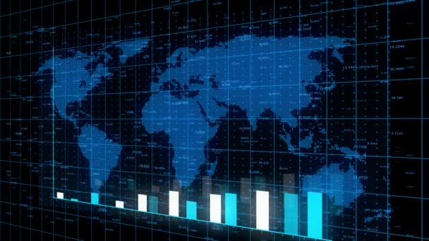 Gráfico de 4k HUD con aumento de las estadísticas de flechas y barras, pared de datos digital con mapa del mundo — Vídeo de stock