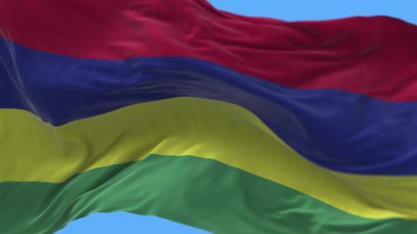 4k Mauritius Nationale vlag rimpels wuivende wind hemel naadloze lus achtergrond. — Stockvideo