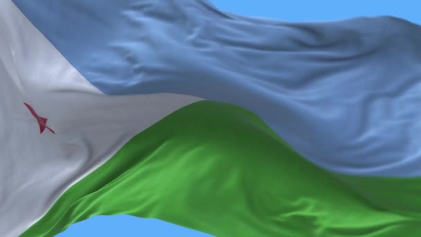 4k Djibouti Національний прапор зморшки розмахують вітровим небом. — стокове відео