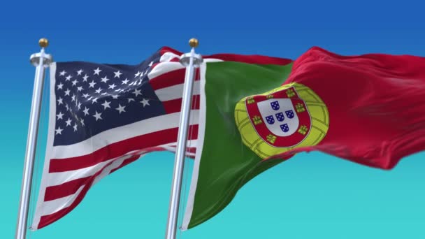 4k Stany Zjednoczone Ameryki Usa i Portugalia Flaga narodowa płynne tło. — Wideo stockowe
