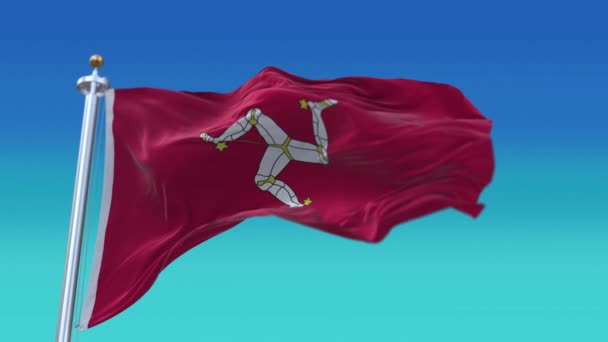 4k Isle of Man Εθνική σημαία ρυτίδες απρόσκοπτη κυματίζει ουρανό φόντο αέρα. — Αρχείο Βίντεο