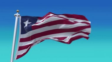 4k Liberya Ulusal bayrağı dalgalanan rüzgarlı gökyüzü pürüzsüz arka plan kırışıklıkları.