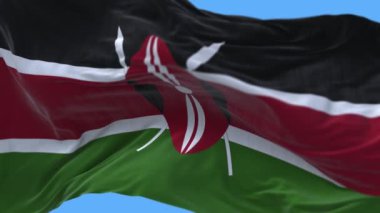 4k Kenya Ulusal bayrağı dalgalanan rüzgârlı gökyüzü pürüzsüz döngü arka planı.