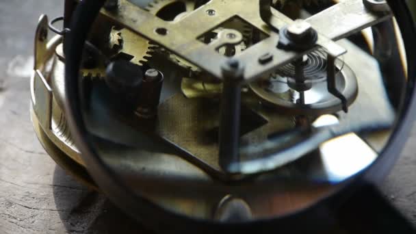 腕時計、軸受、歯車の内部構造を拡大表示する虫眼鏡. — ストック動画