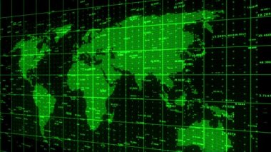 Dünya haritalı 4k iş dijital veri duvarı, finans rakamları, küresel ekonomi.