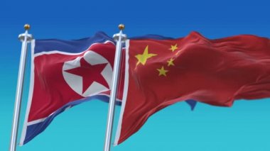 Mavi gökyüzü arka plan ile 4k Dikişsiz Kuzey Kore ve Çin Bayrakları, Dprk Chn Cn.