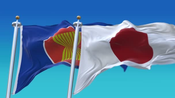 4k Seamless Association Sudeste Asiático Nações e Japão Bandeira céu, ASEAN JPN JP — Vídeo de Stock