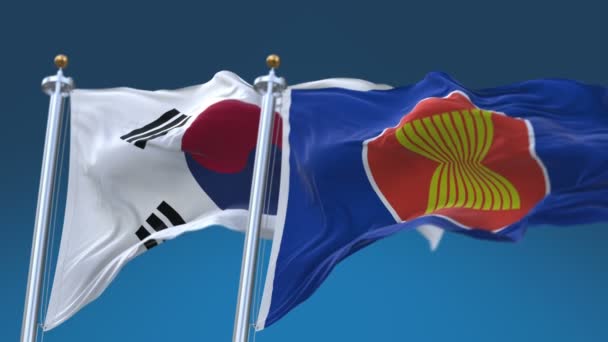 4k Seamless Association Sudeste Asiático Nações e Coreia do Sul Bandeira céu, ASEAN — Vídeo de Stock