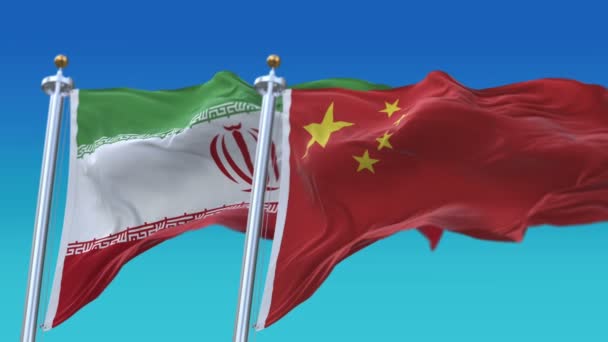 Banderas de Irán y China sin costura 4k con fondo de cielo azul, IRI IR CHN CN . — Vídeo de stock