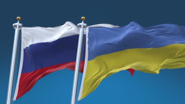 4K απρόσκοπτη Ουκρανία και Ρωσία σημαίες με μπλε ουρανό φόντο, Ukr UA Rus ru. — Αρχείο Βίντεο